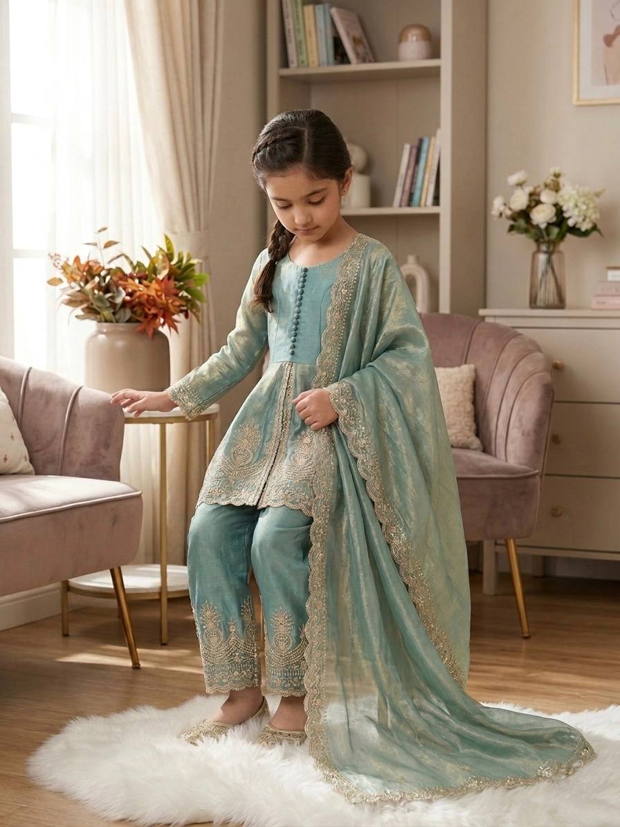 Girls Kids Ethnic Wear | Fendy Silk Embroidered Peplum Kurti Palazzo & Dupatta Set — Fully Stitched