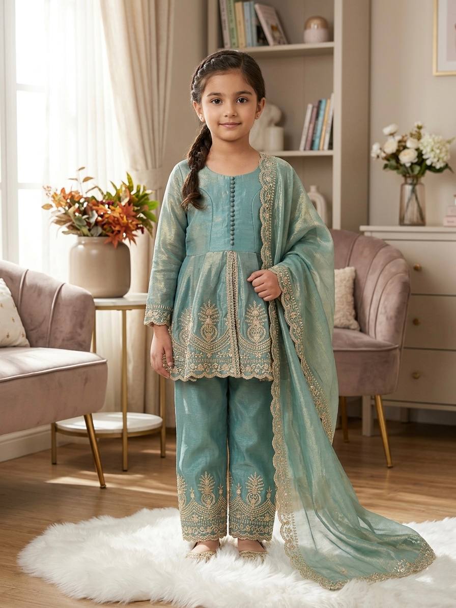 Girls Kids Ethnic Wear | Fendy Silk Embroidered Peplum Kurti Palazzo & Dupatta Set — Fully Stitched