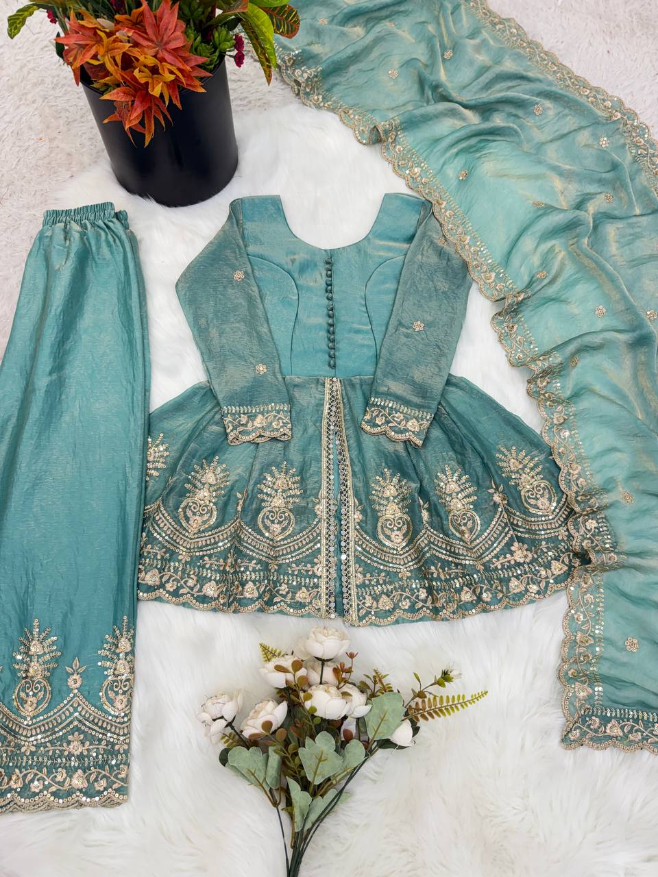 Girls Kids Ethnic Wear | Fendy Silk Embroidered Peplum Kurti Palazzo & Dupatta Set — Fully Stitched