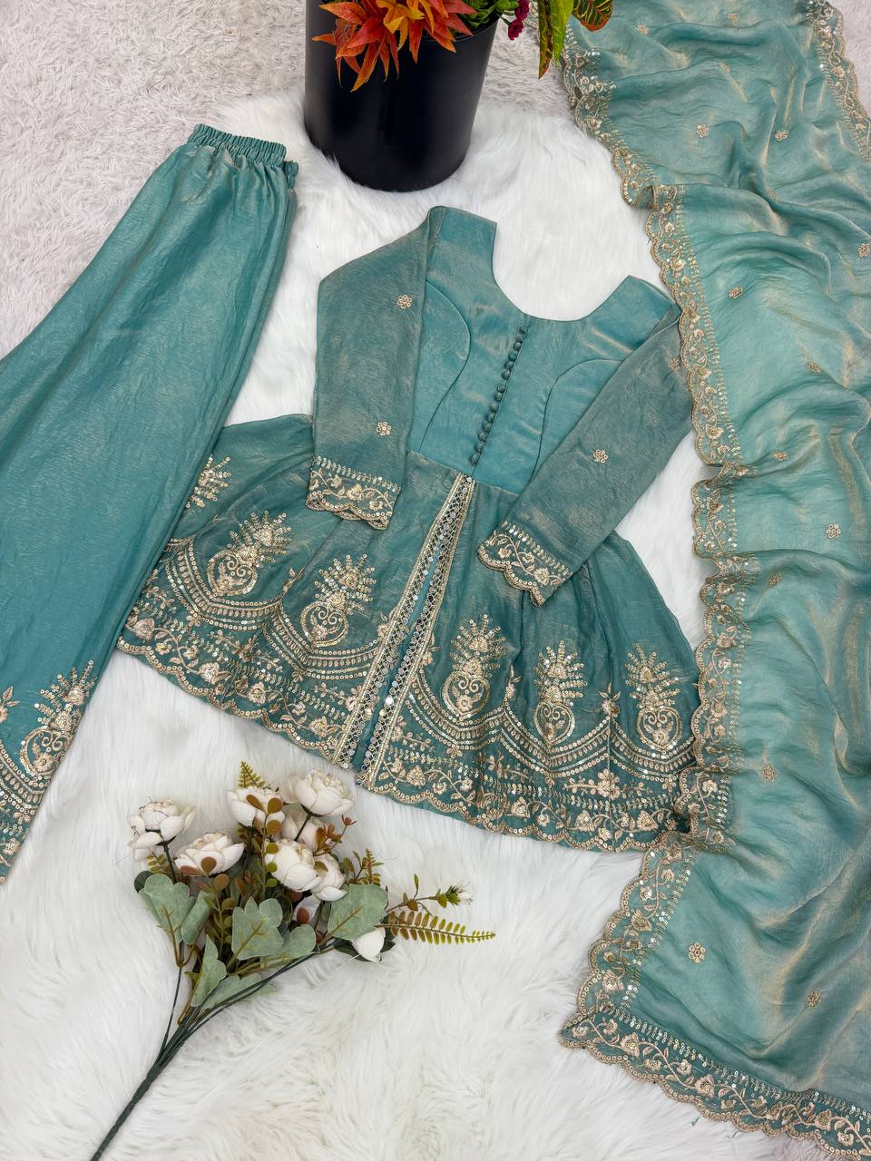 Girls Kids Ethnic Wear | Fendy Silk Embroidered Peplum Kurti Palazzo & Dupatta Set — Fully Stitched