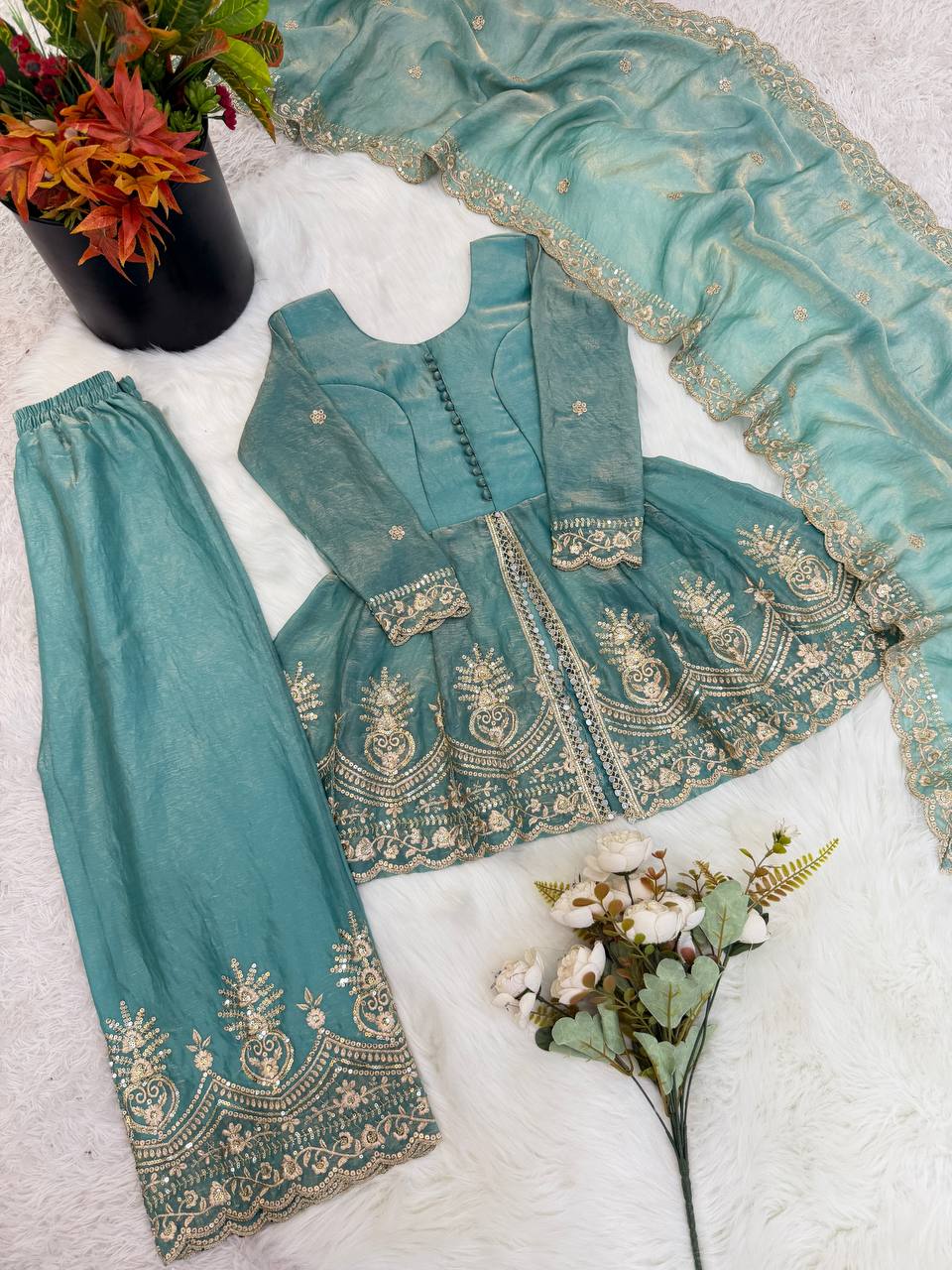 Girls Kids Ethnic Wear | Fendy Silk Embroidered Peplum Kurti Palazzo & Dupatta Set — Fully Stitched