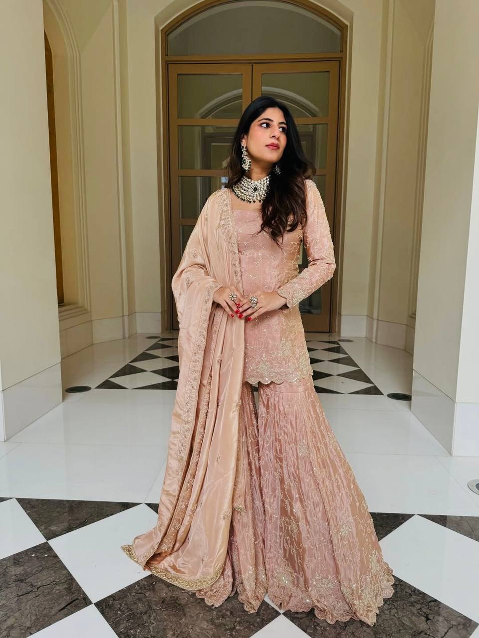 Heavy Simar Silk Embroidered Sharara Set with Dupatta — Fully Stitched 3-Piece | Blush