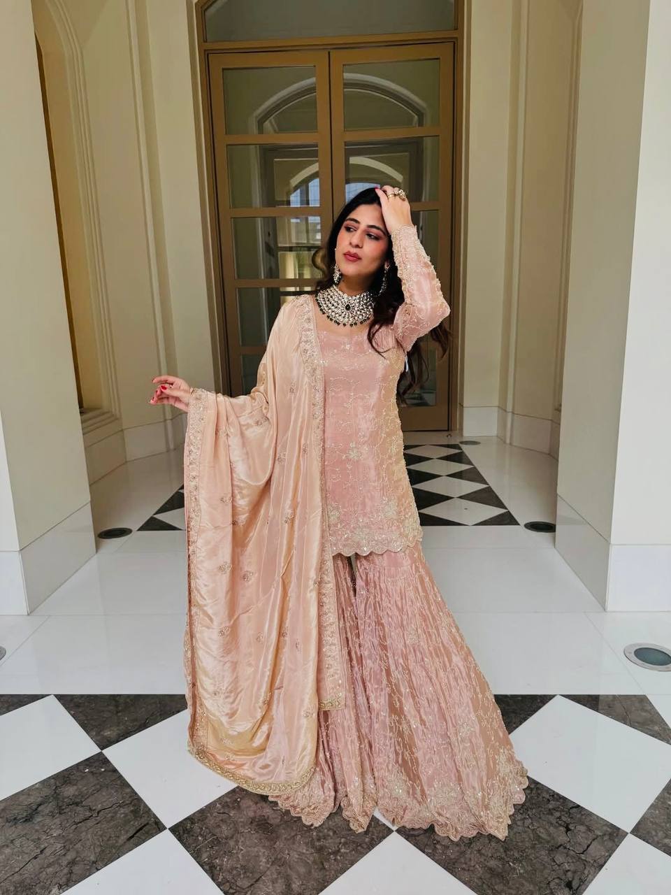Heavy Simar Silk Embroidered Sharara Set with Dupatta — Fully Stitched 3-Piece | Blush