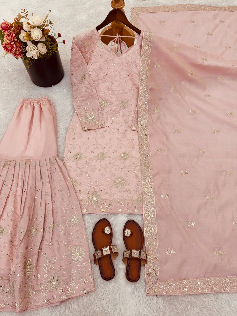 Heavy Simar Silk Embroidered Sharara Set with Dupatta — Fully Stitched 3-Piece | Blush