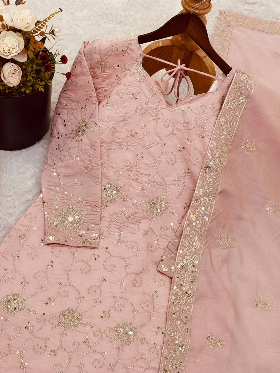 Heavy Simar Silk Embroidered Sharara Set with Dupatta — Fully Stitched 3-Piece | Blush