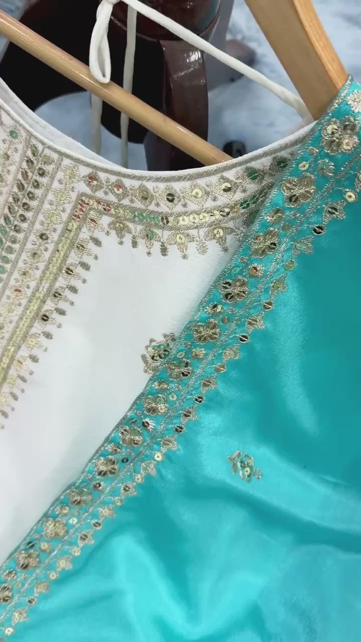 Ocean Blue Chinon Silk Palazzo Set with Dupatta — Ready to Wear
