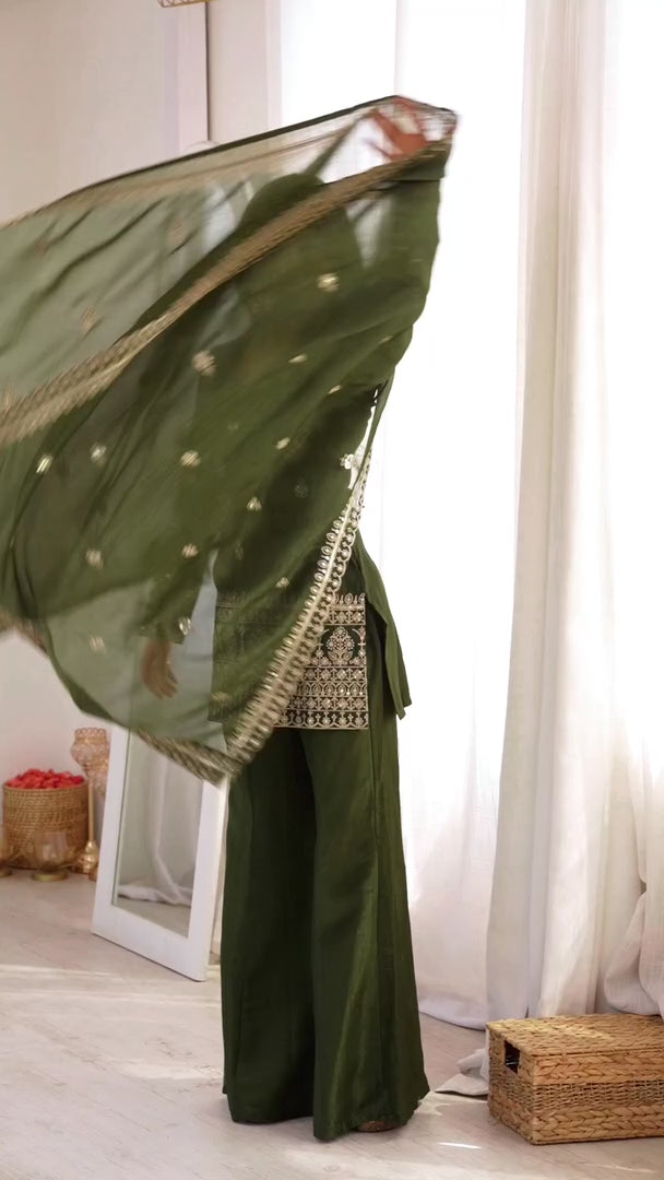 Crunchy Silk Bell Bottom Suit with Dupatta | Embroidery Sequence & Jari Work