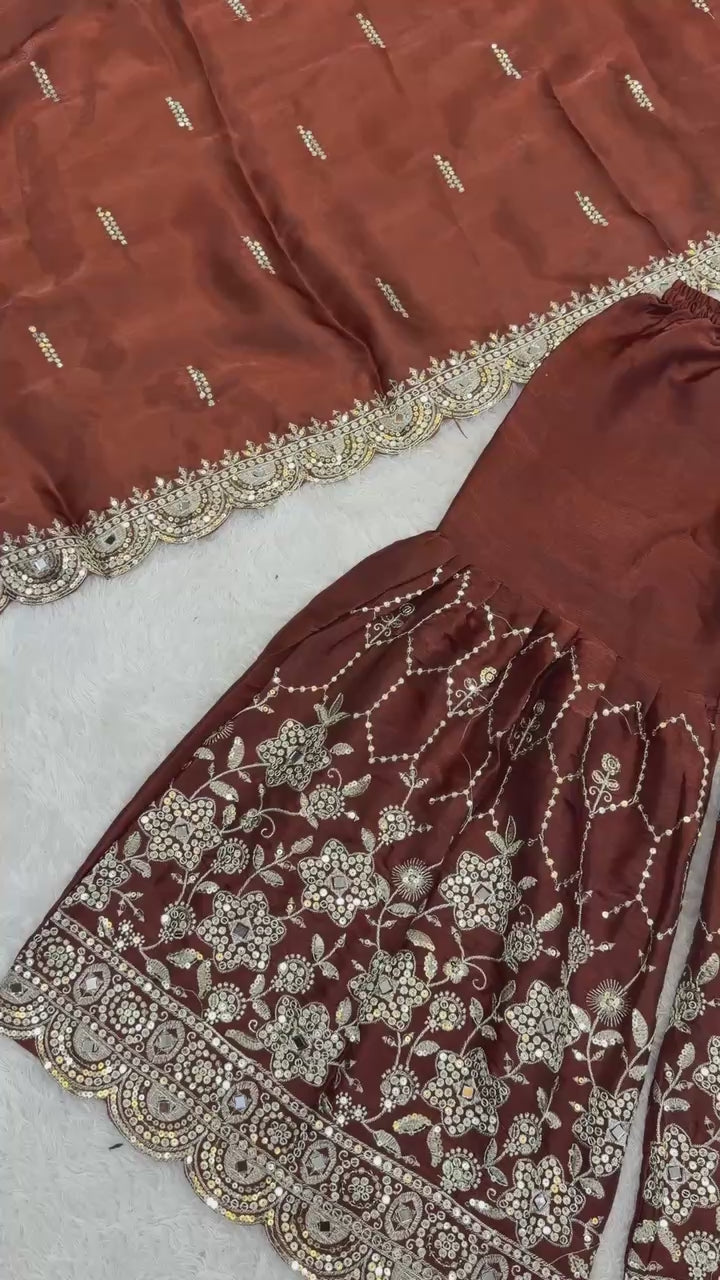 Designer GMY Silk Sharara Set with Real Mirror Hand Work | Fully Stitched 3-Piece