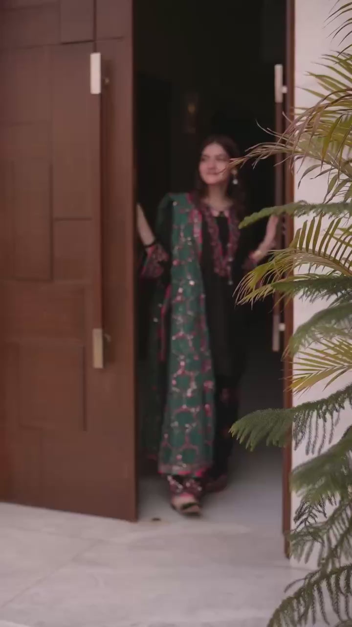 Roman Glass Silk Embroidered Farshi Pant Suit with GMY Silk Dupatta — Fully Stitched 3-Piece