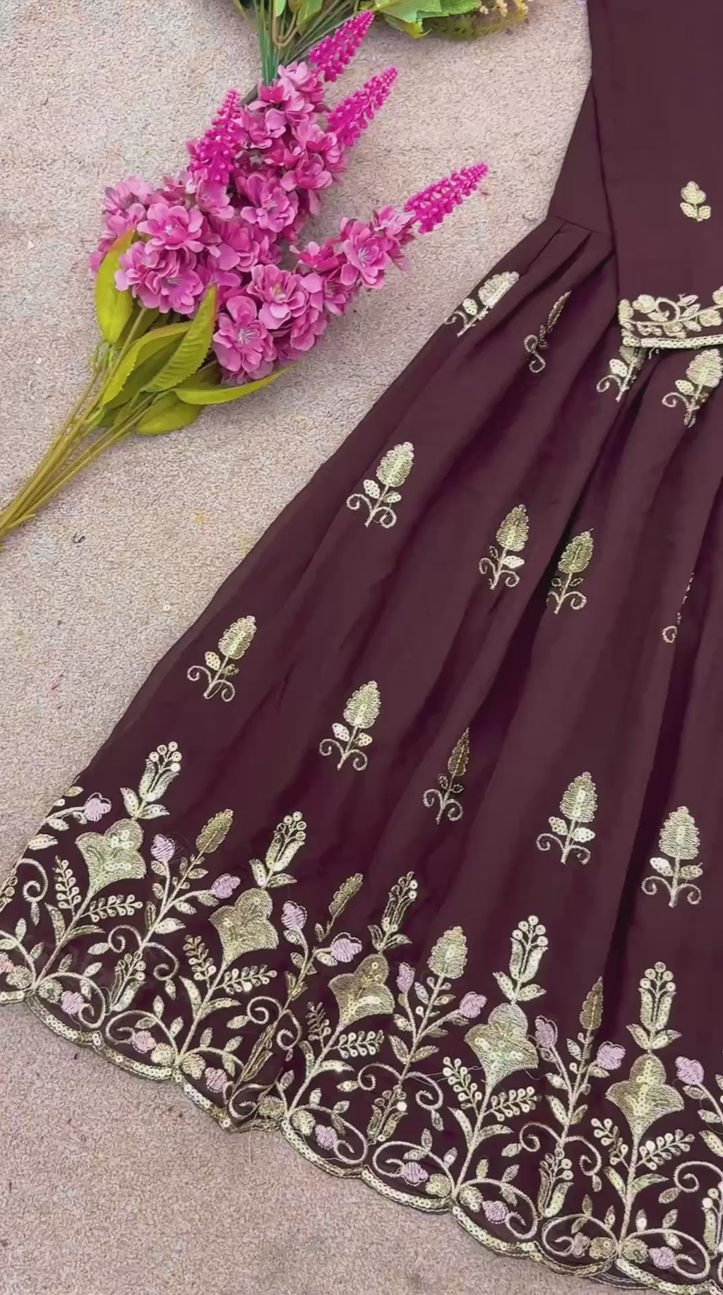 Ash Brown Georgette Sequin Embroidered Sharara Suit — Party Wear