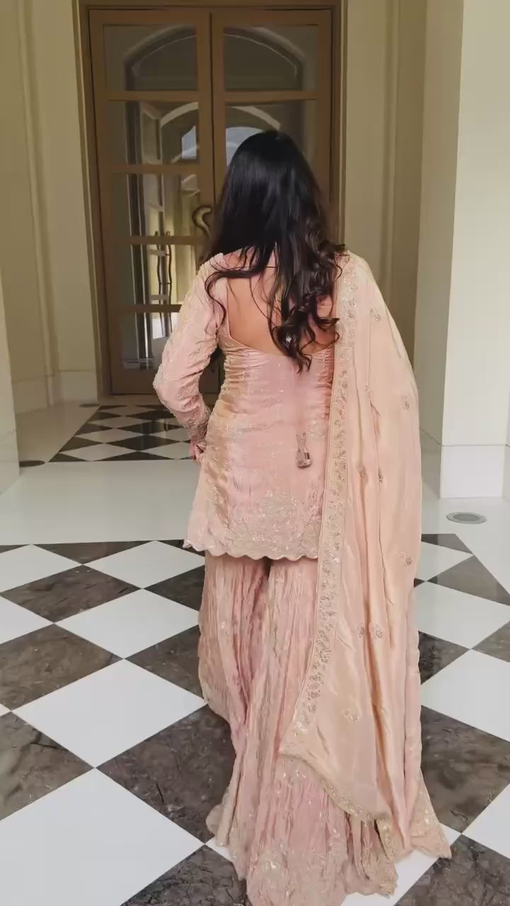 Heavy Simar Silk Embroidered Sharara Set with Dupatta — Fully Stitched 3-Piece | Blush