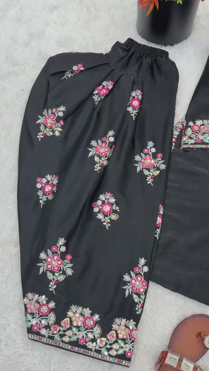 Roman Glass Silk Embroidered Farshi Pant Suit with GMY Silk Dupatta — Fully Stitched 3-Piece