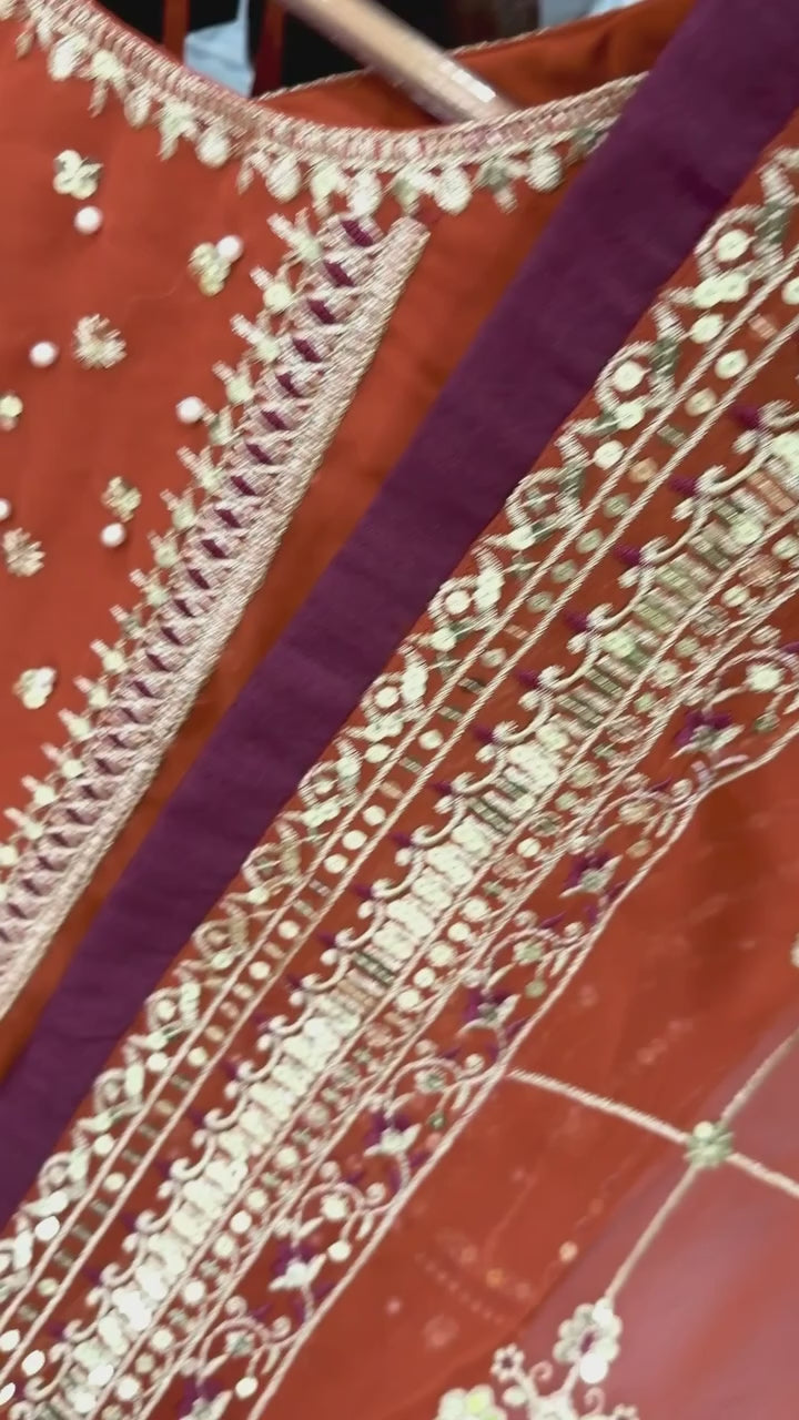 Orange Georgette Sequin & Moti Embroidered Palazzo Suit — Festive Wear