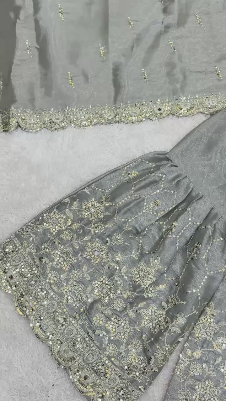 Designer GMY Silk Sharara Set with Real Mirror Hand Work | Fully Stitched 3-Piece