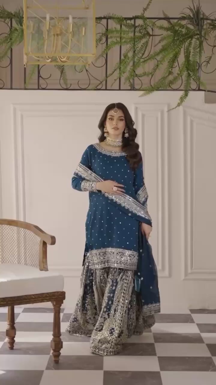 Faux Georgette Sequin & Moti Work Gharara Set with Dupatta — Ready to Wear