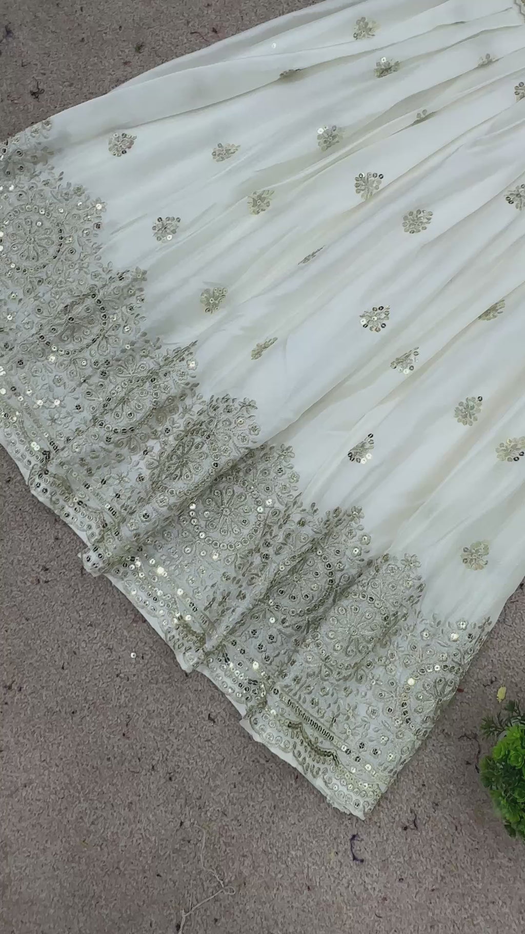 White & Gold Chinon Silk Sharara Palazzo Dupatta Set — Festive Wear
