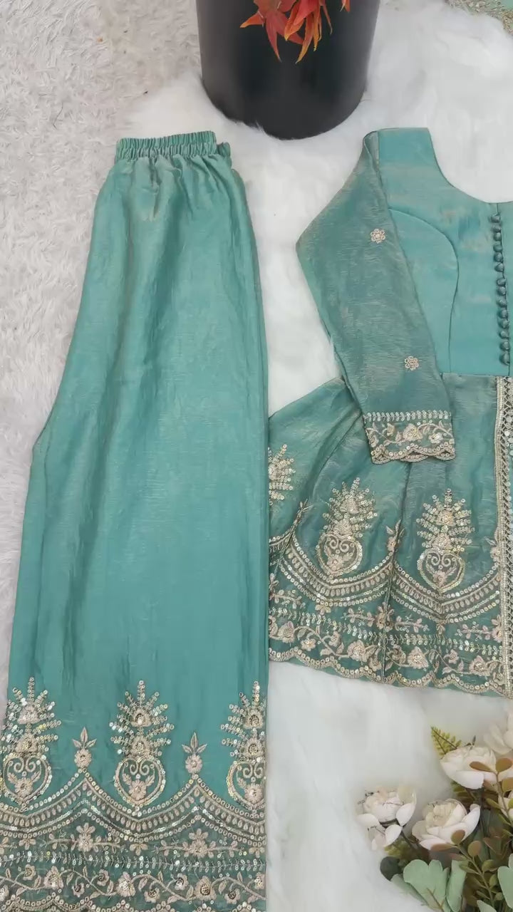 Girls Kids Ethnic Wear | Fendy Silk Embroidered Peplum Kurti Palazzo & Dupatta Set — Fully Stitched