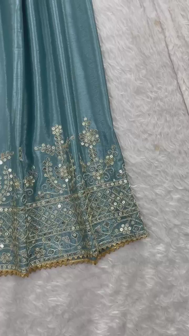Blue Chinon Silk Sequin Embroidered Sharara Palazzo Suit