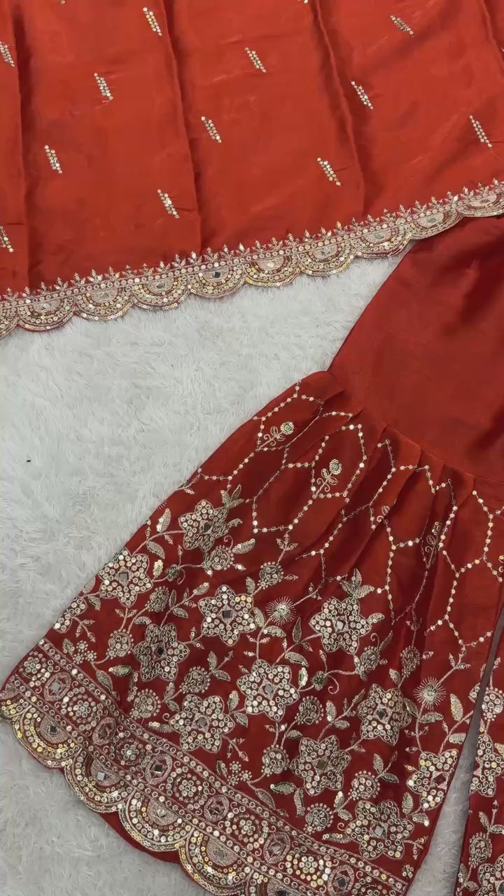 Designer GMY Silk Sharara Set with Real Mirror Hand Work | Fully Stitched 3-Piece