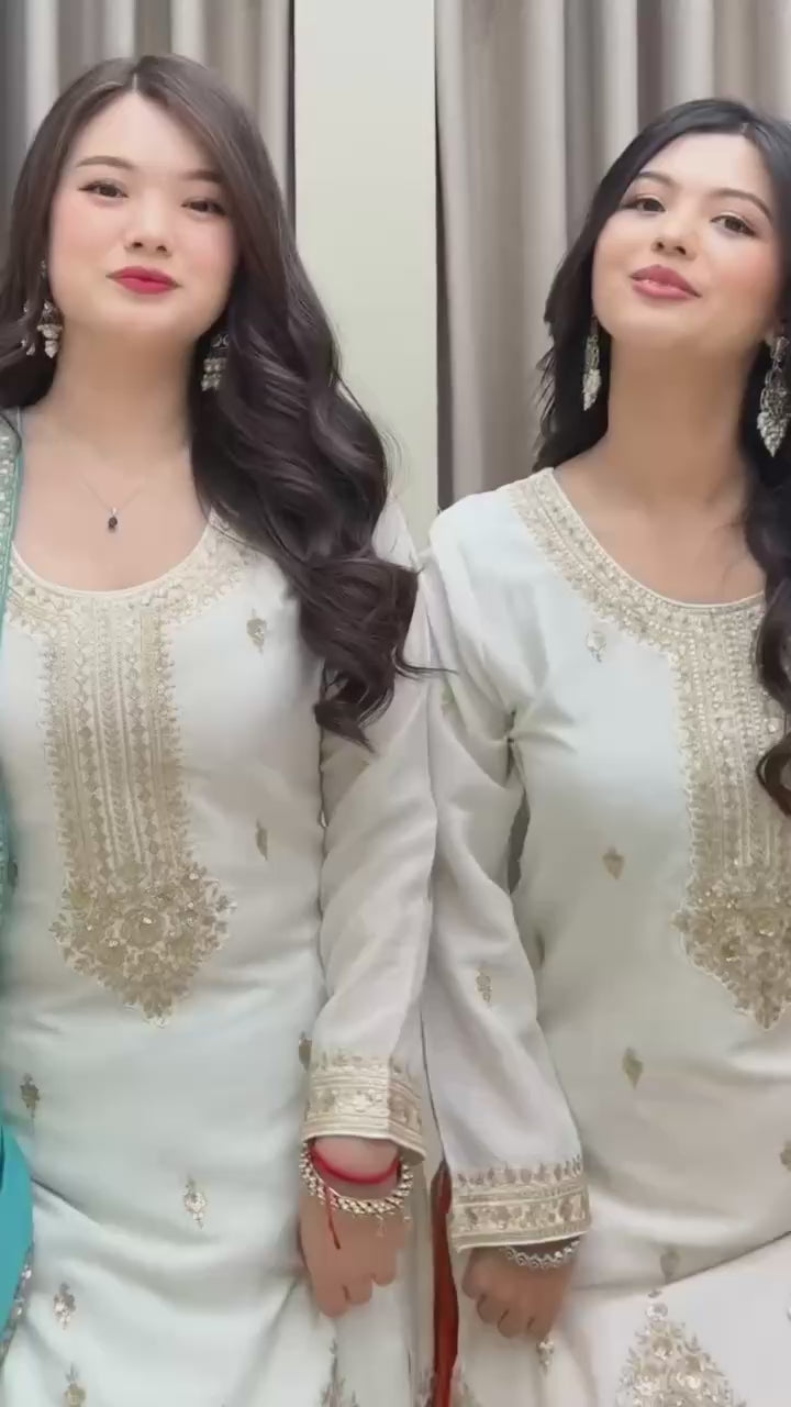 Ocean Blue Chinon Silk Palazzo Set with Dupatta — Ready to Wear