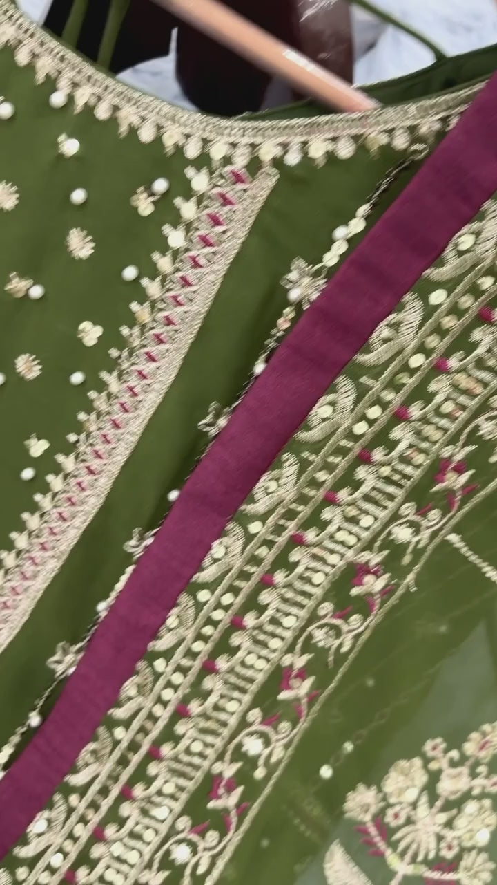 Mehendi Green Georgette Sequin & Moti Palazzo Suit — Festive Wear