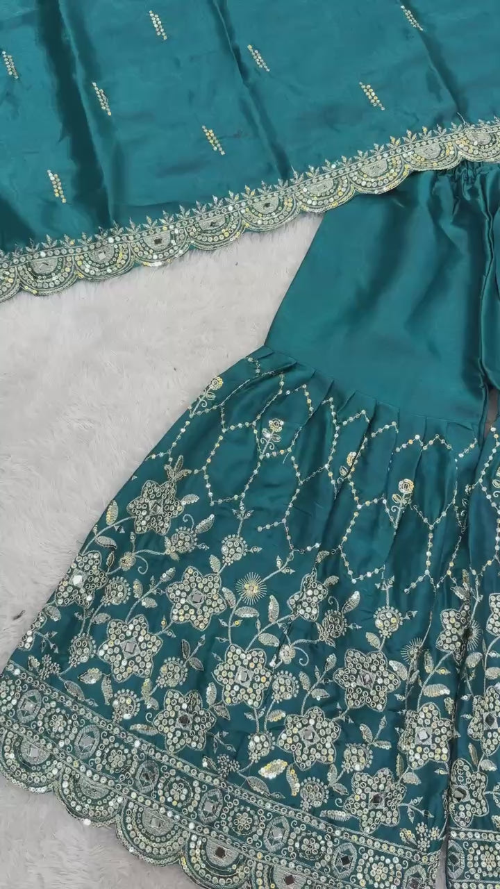 Designer GMY Silk Sharara Set with Real Mirror Hand Work | Fully Stitched 3-Piece