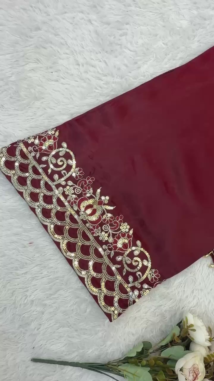Pure GMY Silk Heavy Embroidery Sequence Pant Suit with Dupatta — Fully Stitched 3-Piece | Maroon