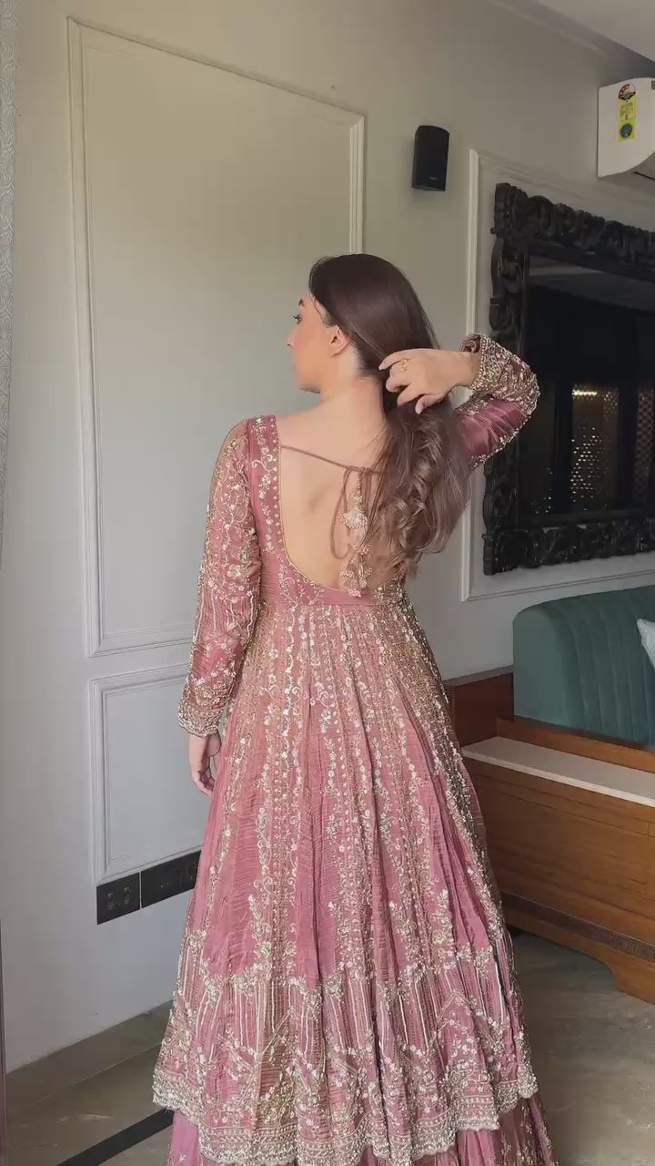 Peach Crunchy Silk Lace Embroidered Gown — Wedding & Party Wear